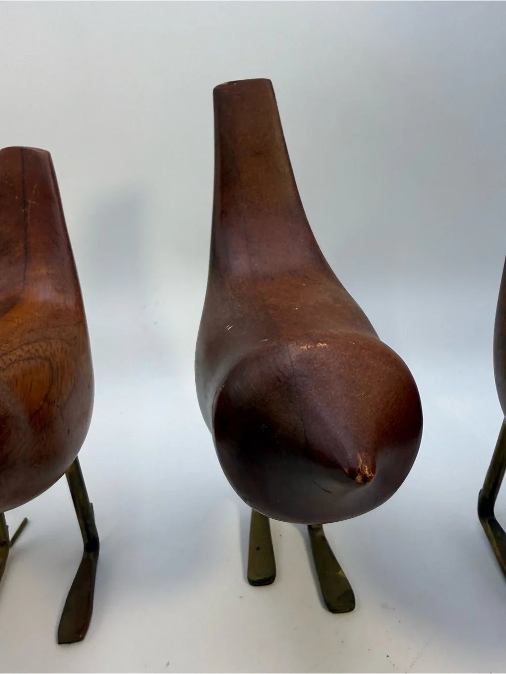 MCM Vintage Style Teak Wood Bird Sculptures Brass Legs Set of 3 Danish Modern